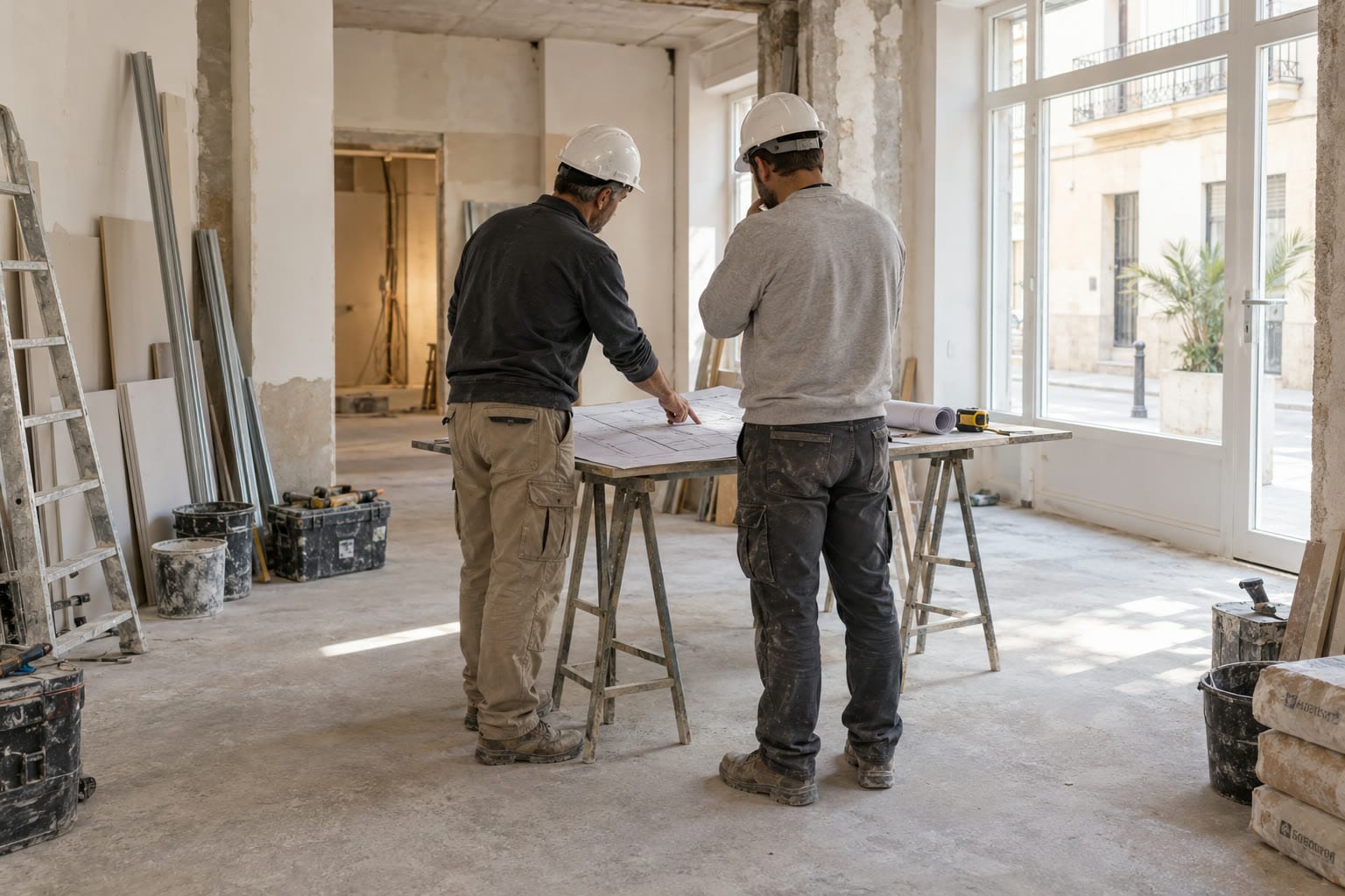Dos técnicos con casco revisando los planos en el local en obra, con la calle al fondo