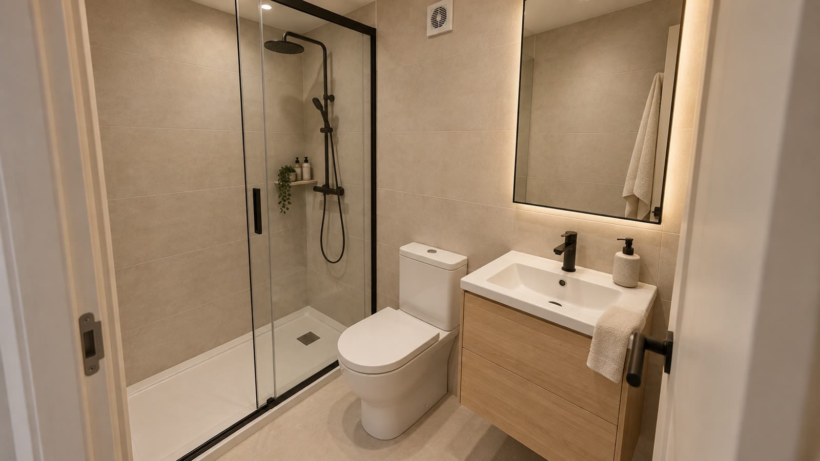 Render del baño con ducha enrasada y mueble de roble