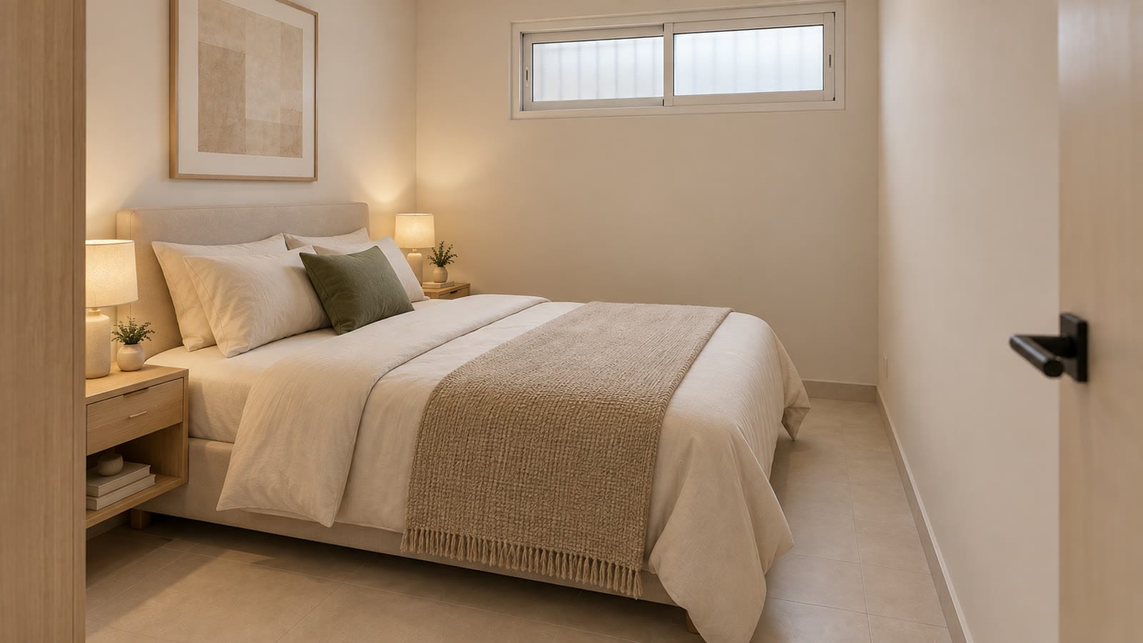 Render del dormitorio con cabecero tapizado y ventana alta