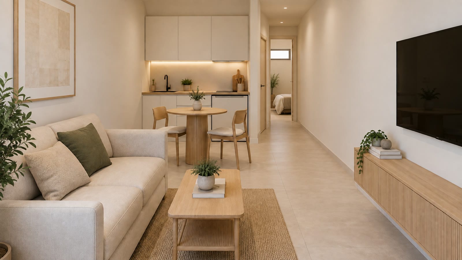 Render del salón-comedor-cocina con el pasillo al dormitorio