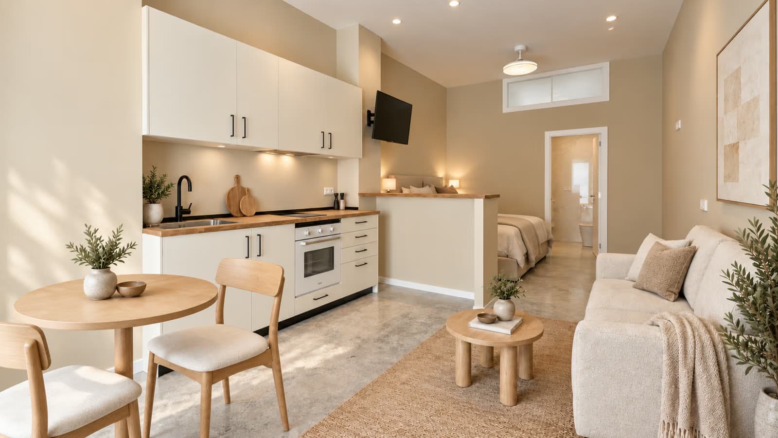 El mismo salón terminado y amueblado: cocina, comedor, sofá y dormitorio al fondo