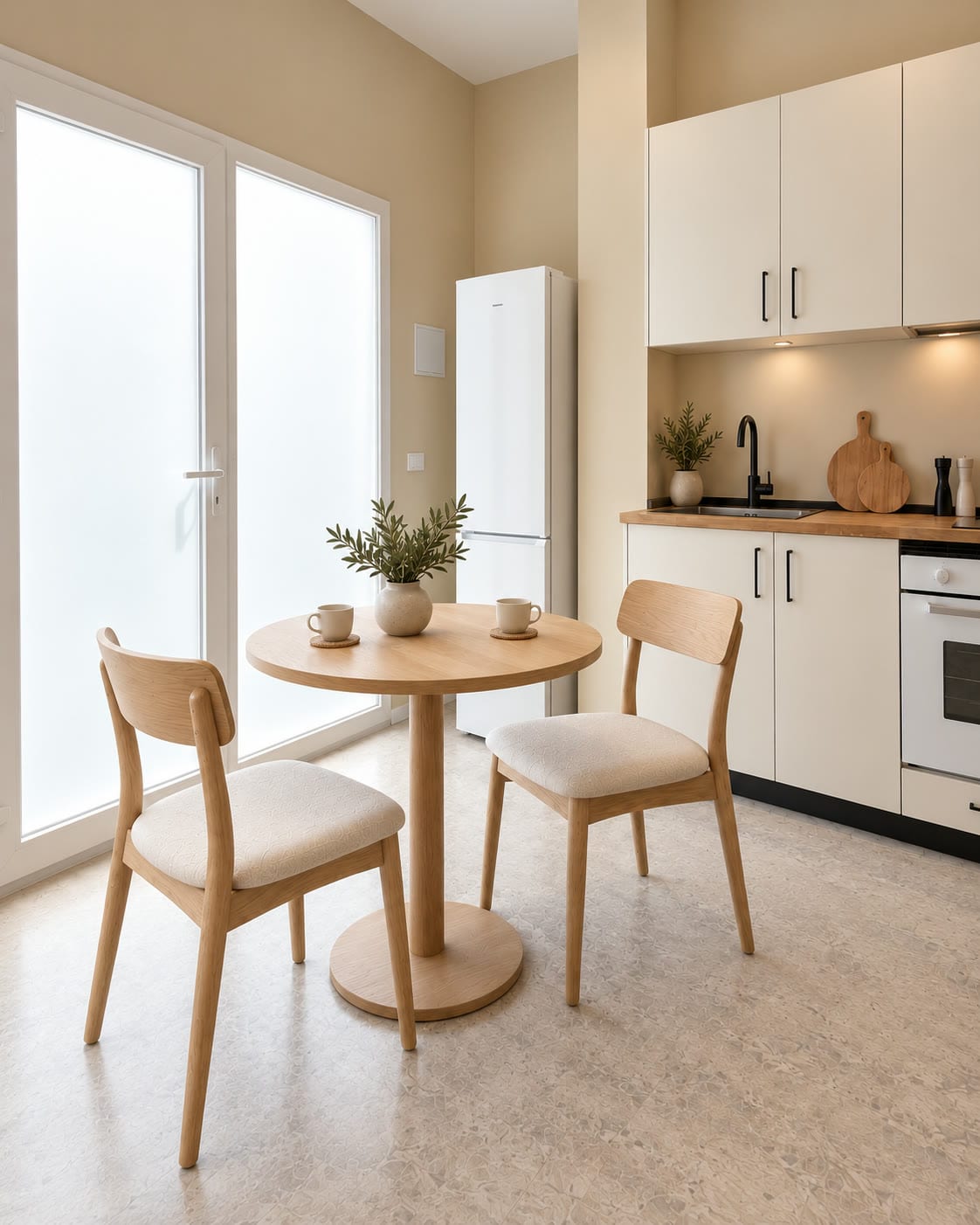 Salón-cocina reformado con mesa de comedor junto a la ventana