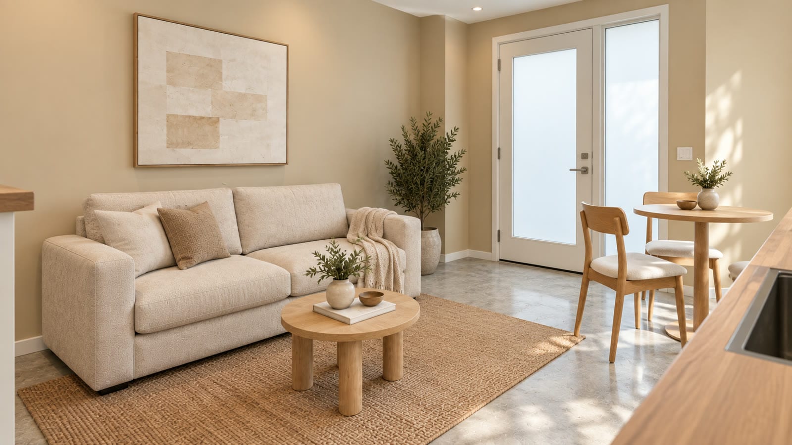 El salón del loft amueblado: sofá, mesa baja y la mesa de comedor junto a la puerta de patio
